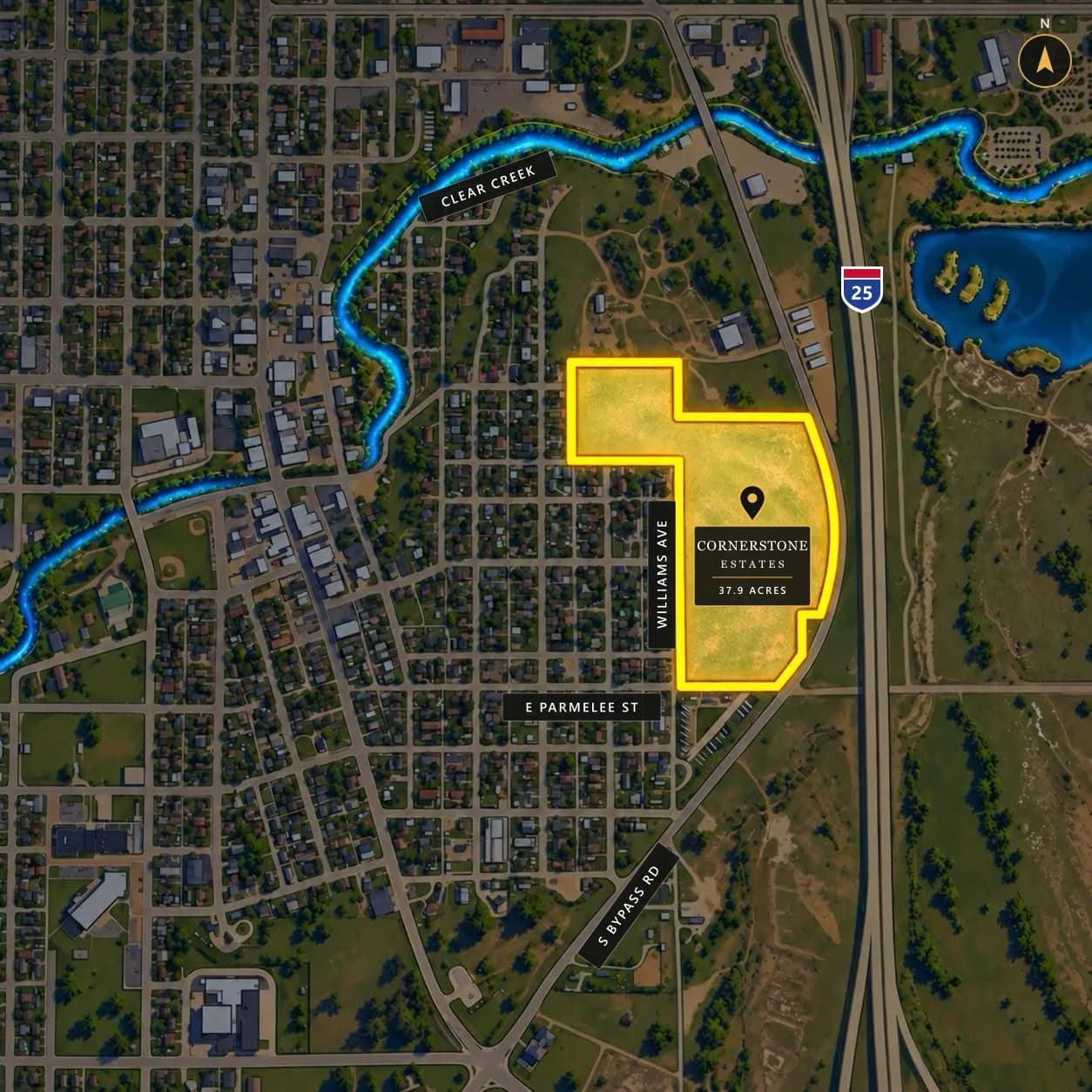 Map of Cornerstone Estates in Buffalo, WY, beside Williams Ave and E Parmelee St, between S Bypass Rd and I-25, near Clear Creek.