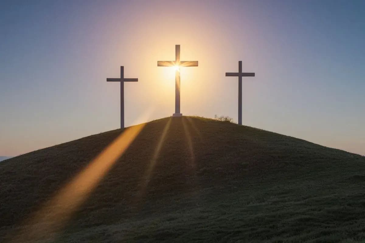 Three crosses on a hill with sunlight shining behind the center cross.