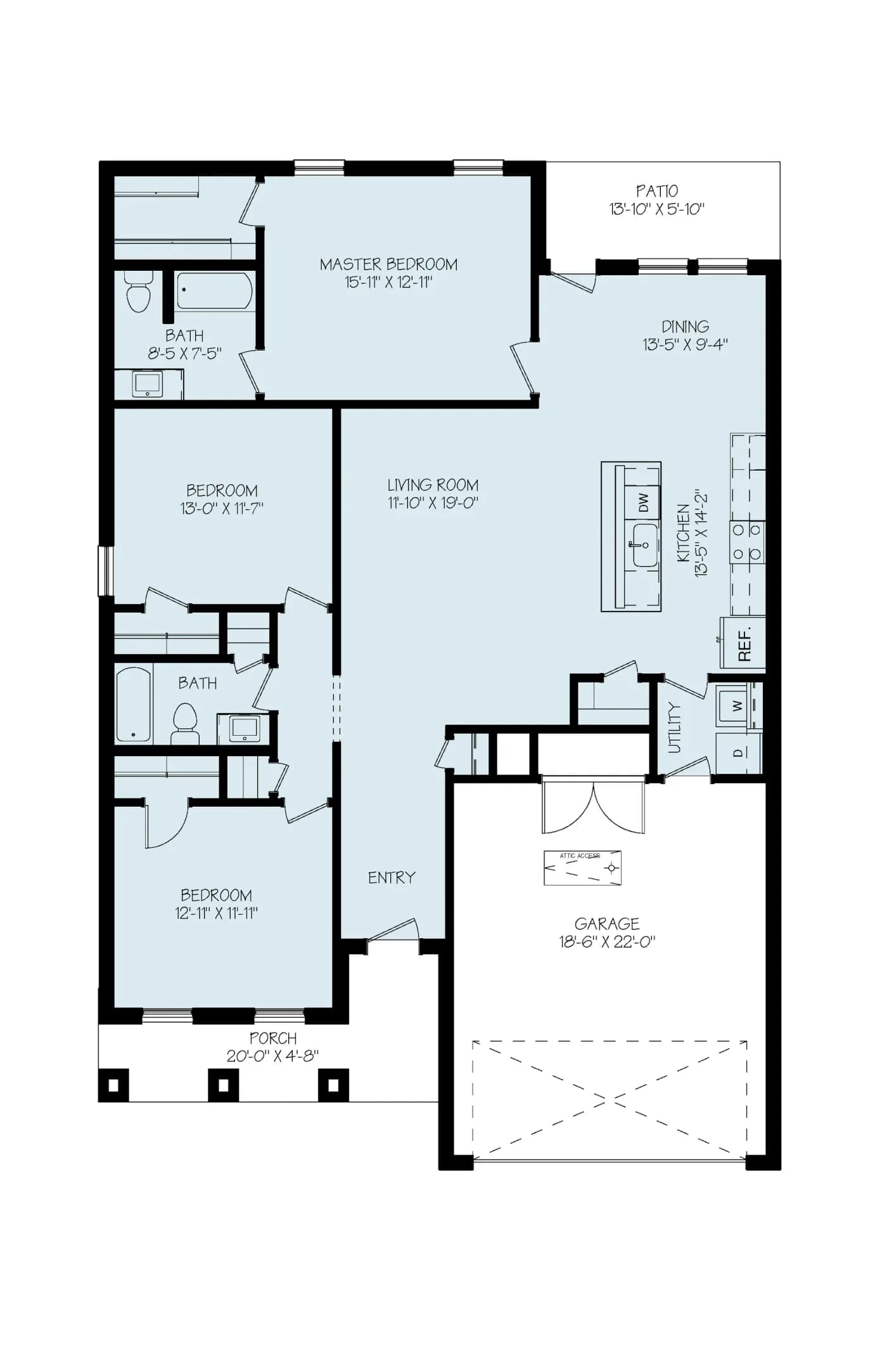 Floor plan of The Big Horn home model by Buffalo Built LLC — kitchen, living room, dining, three bedrooms, two baths, two-car garage.