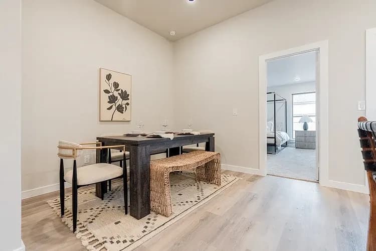 Dining room, alternate view, in The Bomber Mountain home model by Buffalo Built LLC.