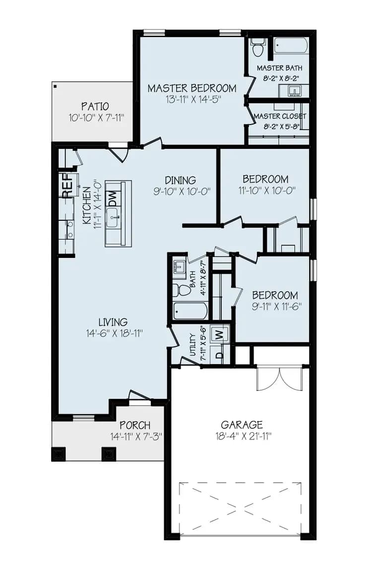Floor plan of The Bomber Mountain home model by Buffalo Built LLC — kitchen, living room, dining, three bedrooms, two baths, two-car garage.