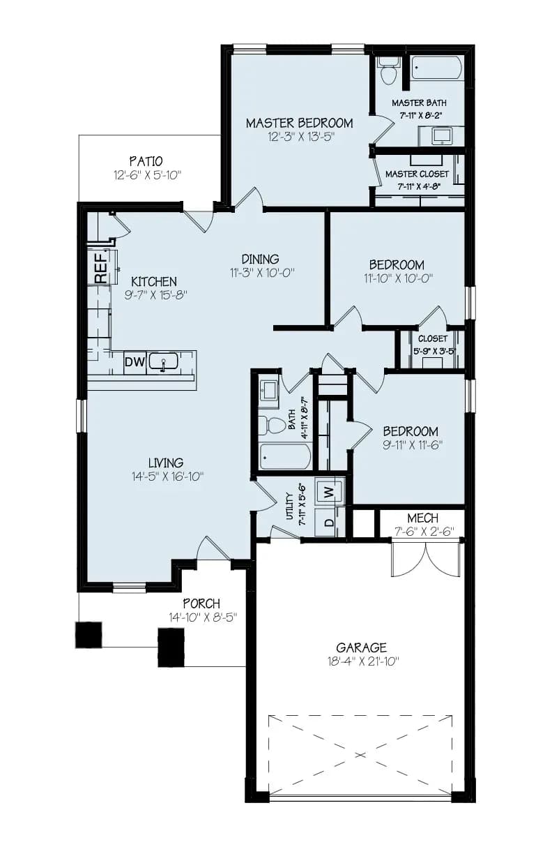 Floor plan of The Clear Creek home model by Buffalo Built LLC — kitchen, living room, dining, three bedrooms, two baths, two-car garage.