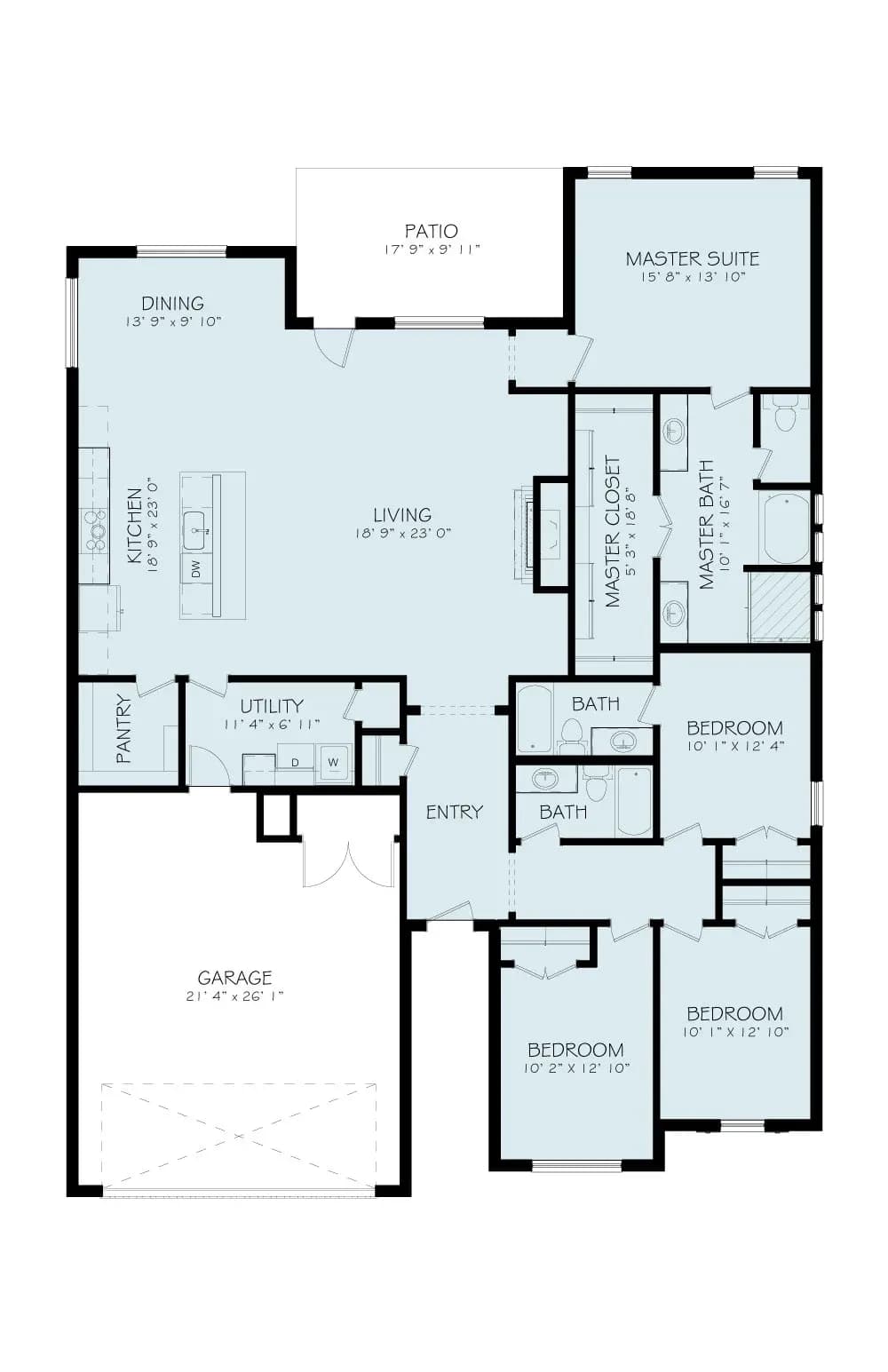 Floor plan of The Cloud Peak home model by Buffalo Built LLC — kitchen, living room, dining, four bedrooms, three baths, two-car garage.