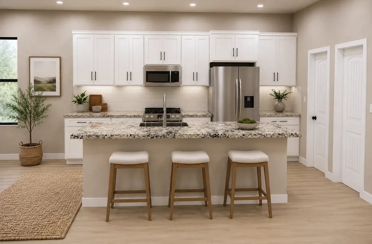 Kitchen, alternate staging with white cabinetry, in The Cloud Peak home model by Buffalo Built LLC.