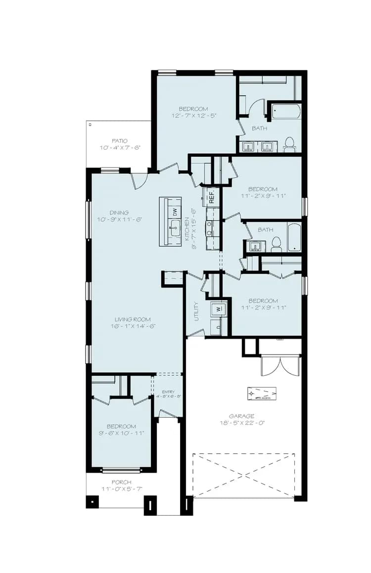 Floor plan of The Crazy Woman home model by Buffalo Built LLC — kitchen, living room, dining, four bedrooms, two baths, two-car garage.