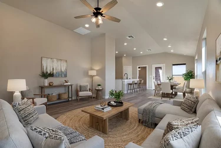 Living room with gray sectional, alternate view, in The Crazy Woman home model by Buffalo Built LLC.