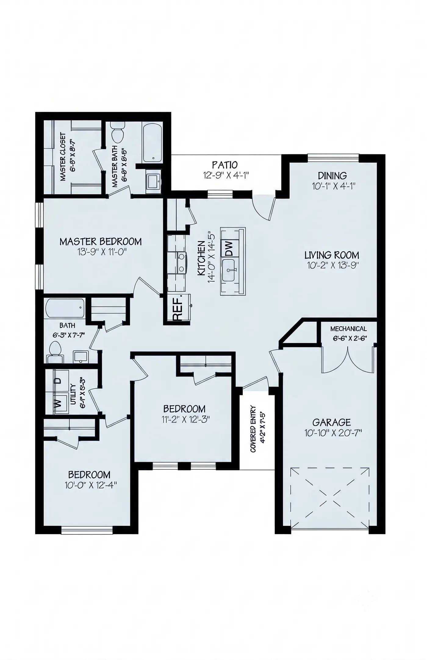 Floor plan of The Geneva home model by Buffalo Built LLC — kitchen, living room, dining, three bedrooms, two baths, one-car garage.