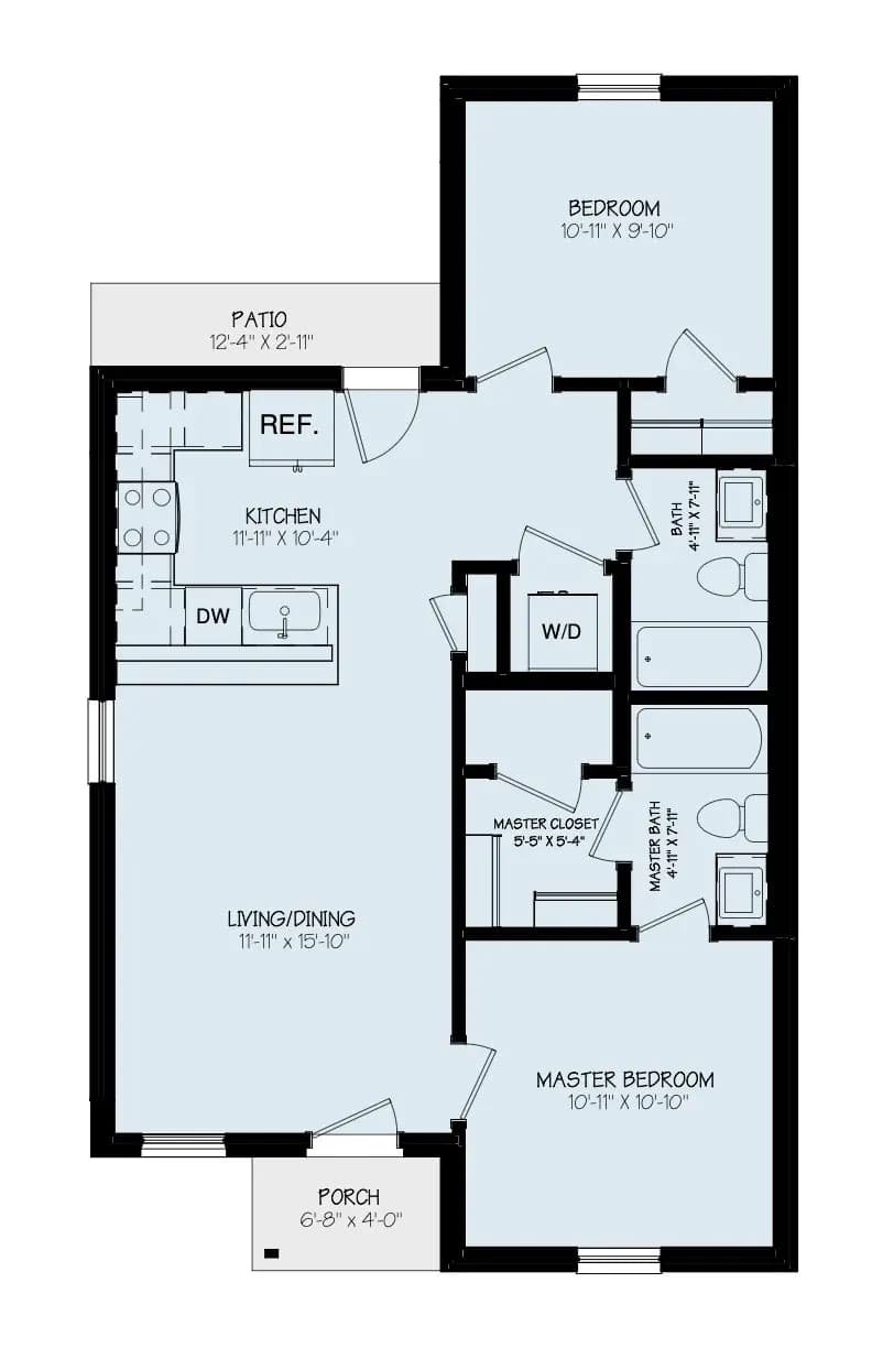 Floor plan of The Little Big Horn home model by Buffalo Built LLC — kitchen, living/dining, two bedrooms, two baths.