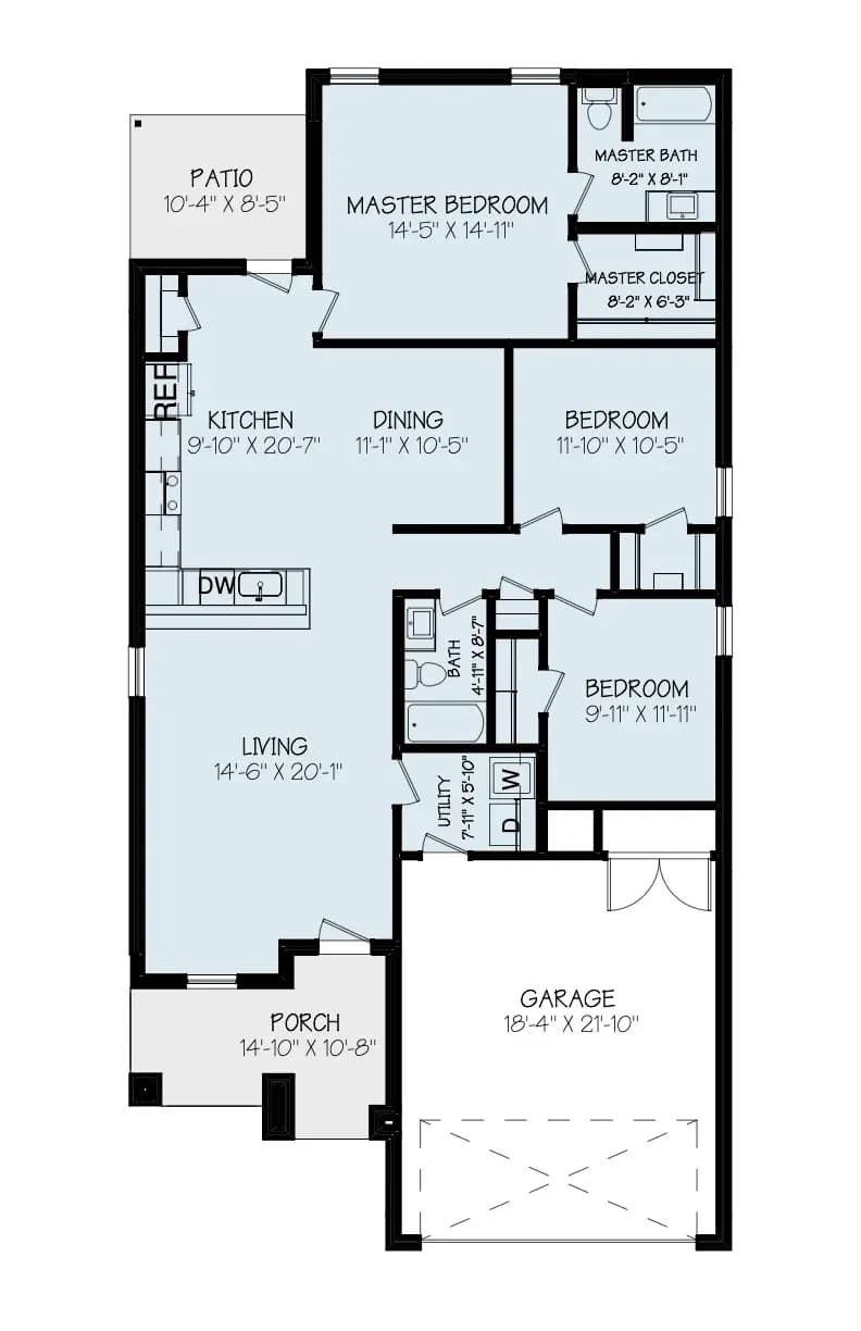 Floor plan of The Meadow Lark home model by Buffalo Built LLC — kitchen, living room, dining, three bedrooms, two baths, two-car garage.