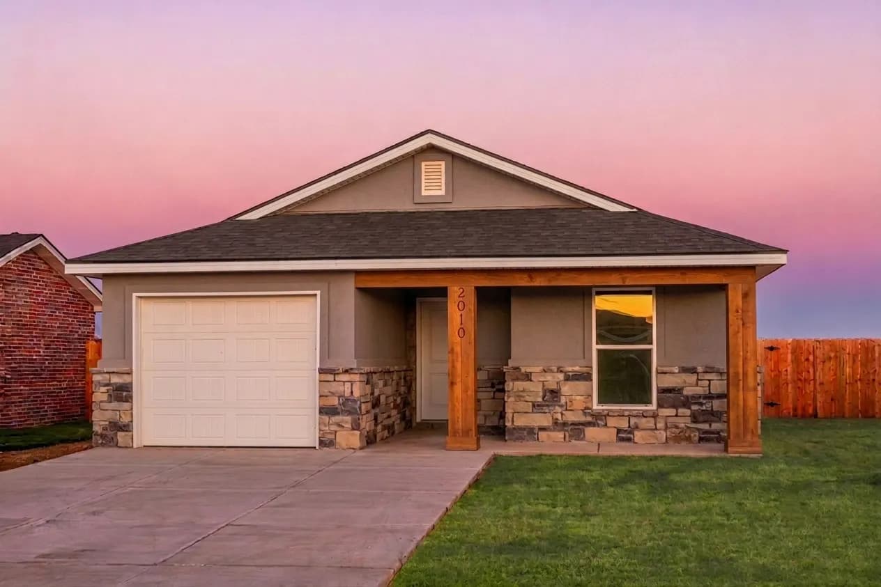 Exterior rendering of The Outlaw home model, alternate elevation with wood posts, by Buffalo Built LLC.