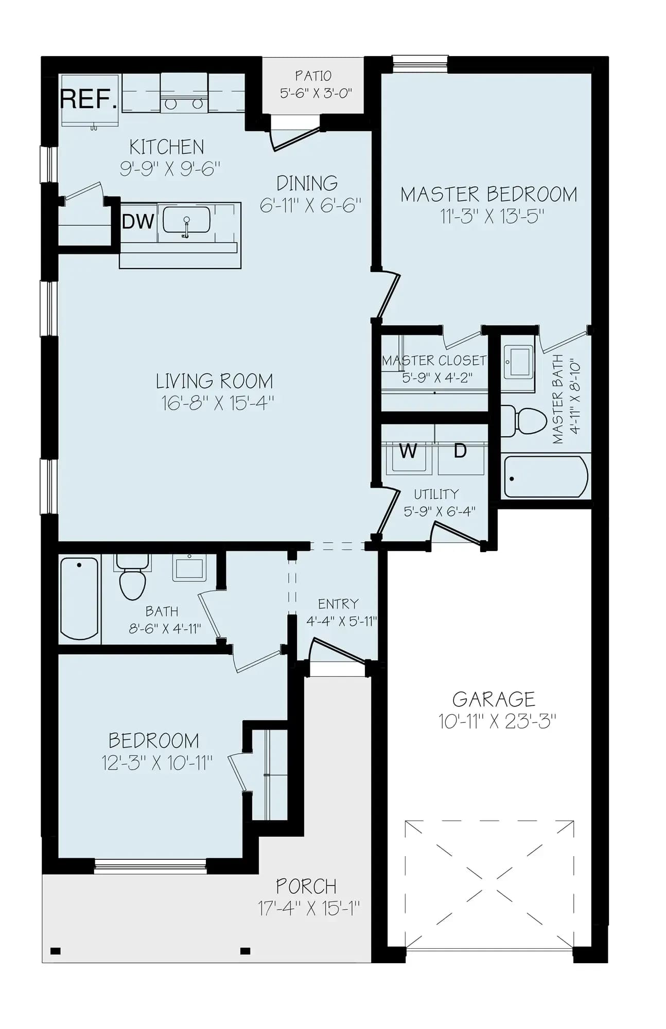 Floor plan of The Outlaw home model by Buffalo Built LLC — kitchen, living/dining, two bedrooms, two baths, one-car garage.