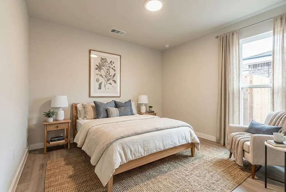Bedroom with blue accent pillows in The Piney Creek home model by Buffalo Built LLC.