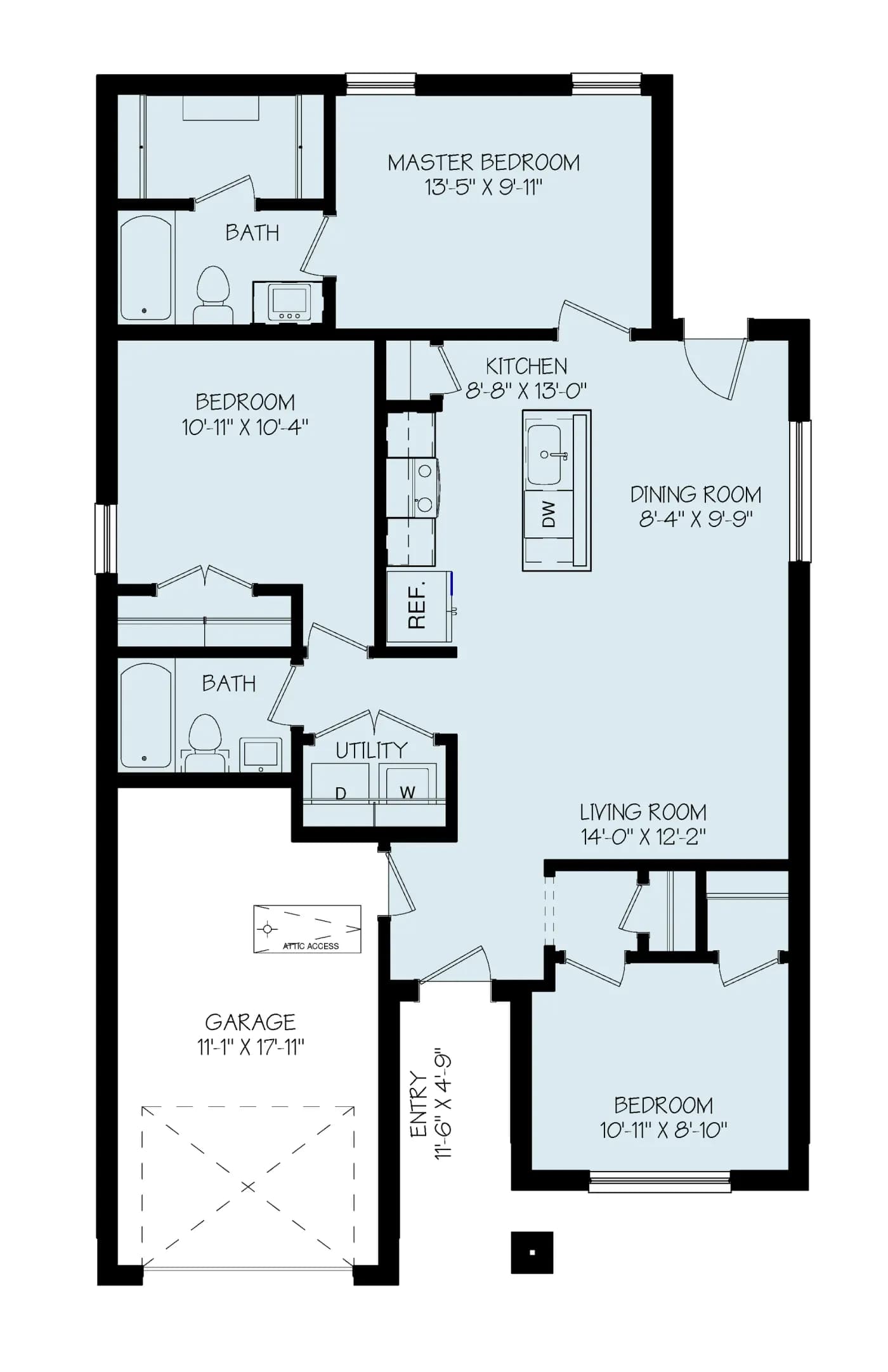 Floor plan of The Piney Creek home model by Buffalo Built LLC — kitchen, dining room, living room, three bedrooms, two baths, one-car garage.