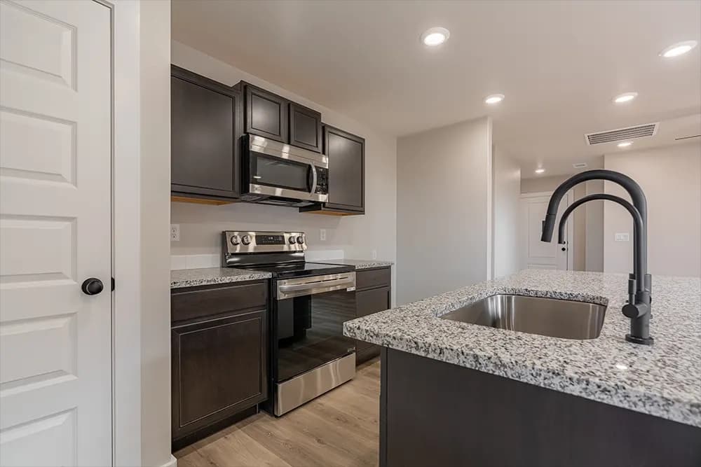 Kitchen appliances and faucet detail in The Piney Creek home model by Buffalo Built LLC.
