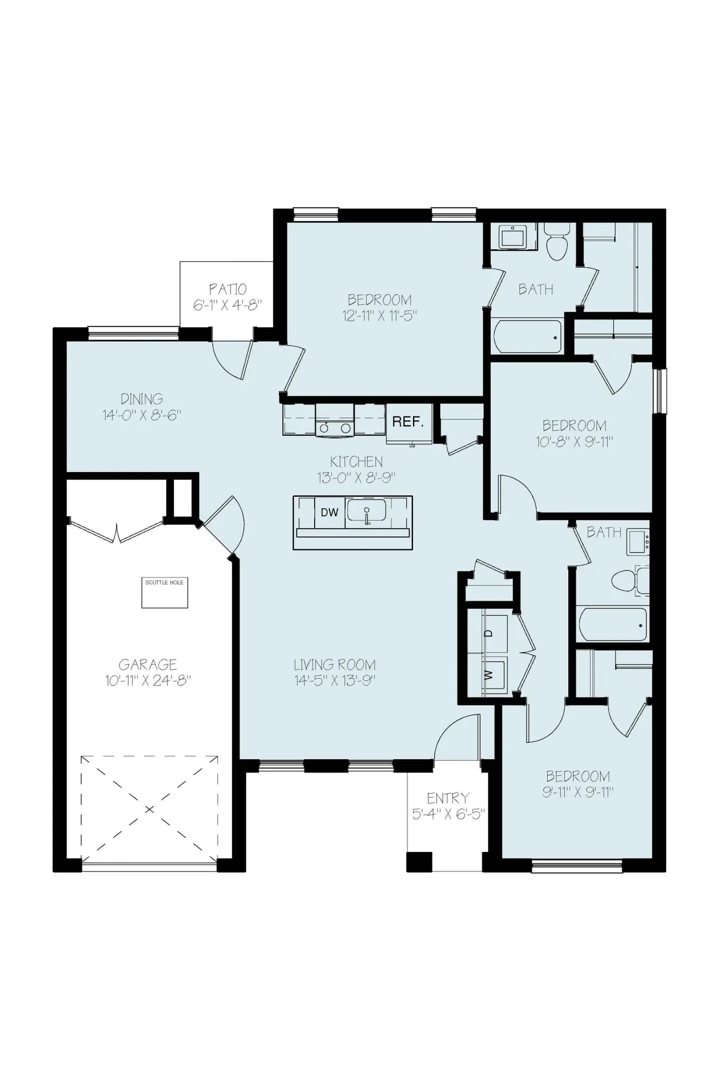 Floor plan of The Powder River home model by Buffalo Built LLC — kitchen, dining room, living room, three bedrooms, two baths, one-car garage.