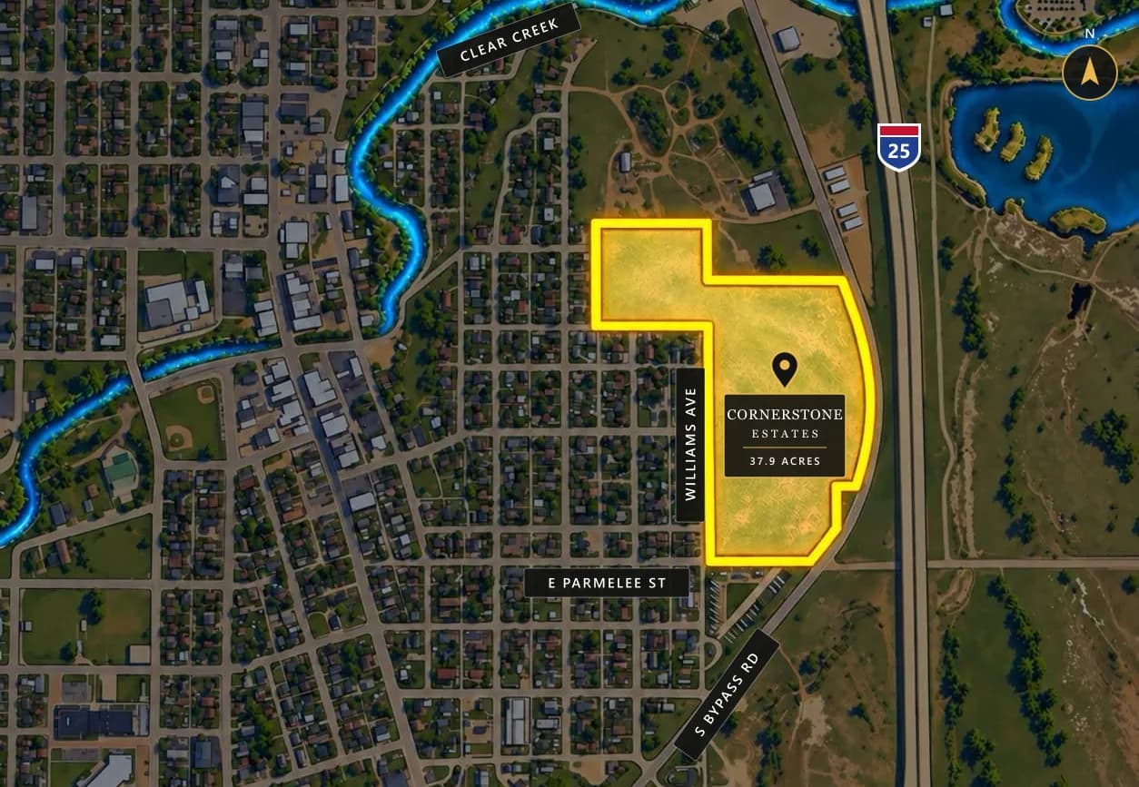 Site map of Cornerstone Estates in Buffalo, WY, beside Williams Ave and E Parmelee St, near S Bypass Rd, I-25, and Clear Creek.